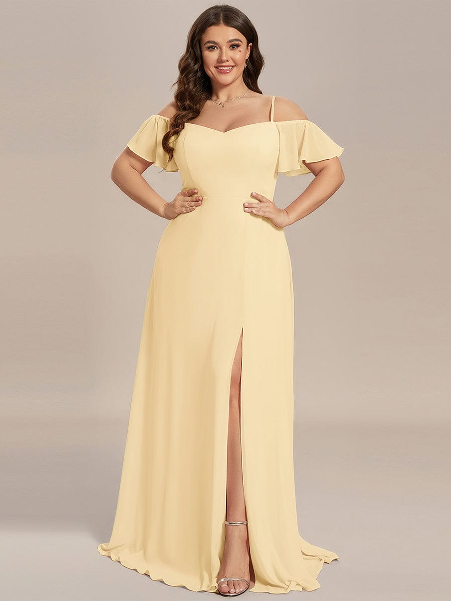 Stylish Cold-Shoulder Floor Length Bridesmaid Dress with Side Slit #color_Yellow