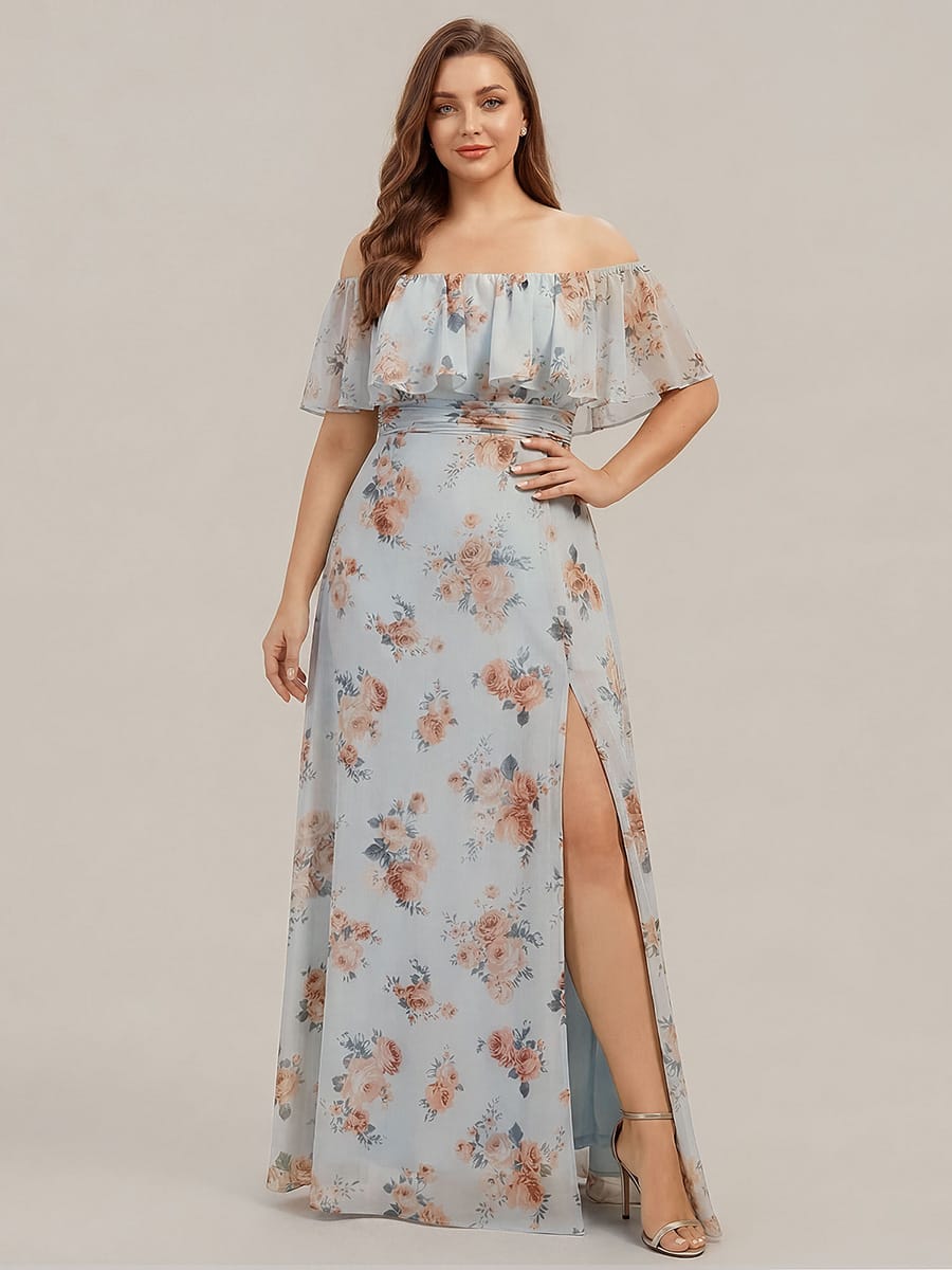 Women's Off-The-Shoulder Ruffle Thigh Split Bridesmaid Dresses #color_Amber Bloom