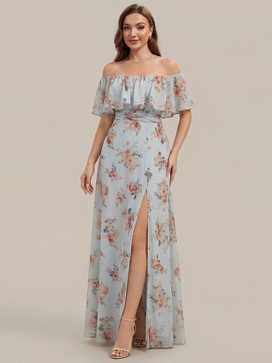 Women's Off-The-Shoulder Ruffle Thigh Split Bridesmaid Dresses #color_Amber Bloom