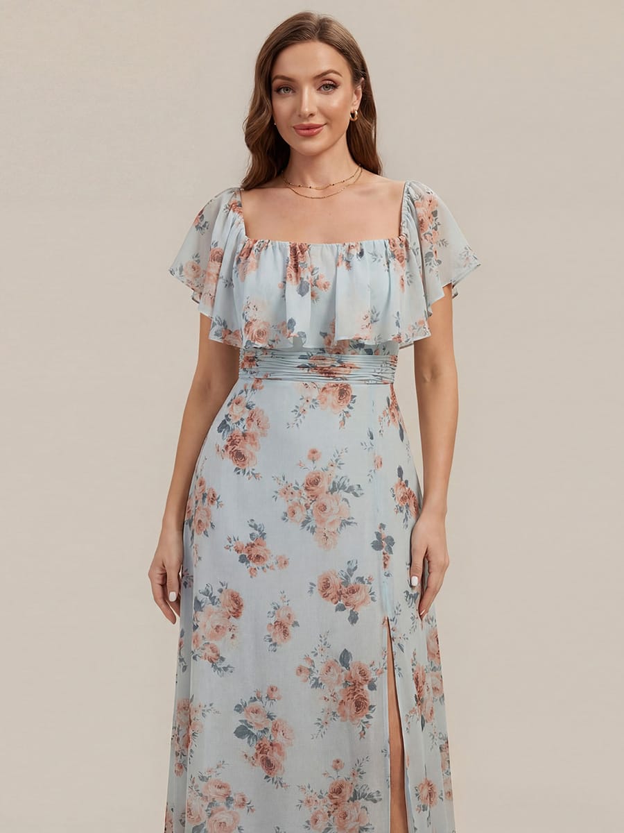 Women's Off-The-Shoulder Ruffle Thigh Split Bridesmaid Dresses #color_Amber Bloom