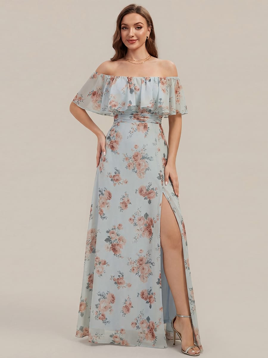 Women's Off-The-Shoulder Ruffle Thigh Split Bridesmaid Dresses #color_Amber Bloom