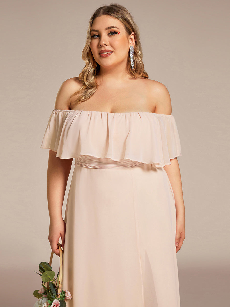 Women's Off-The-Shoulder Ruffle Thigh Split Wedding Guest Dresses #color_Blush