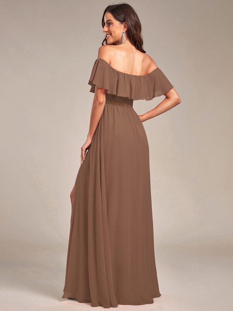 Custom Size Women's Off-The-Shoulder Ruffle Thigh Split Bridesmaid Dresses #color_Brown