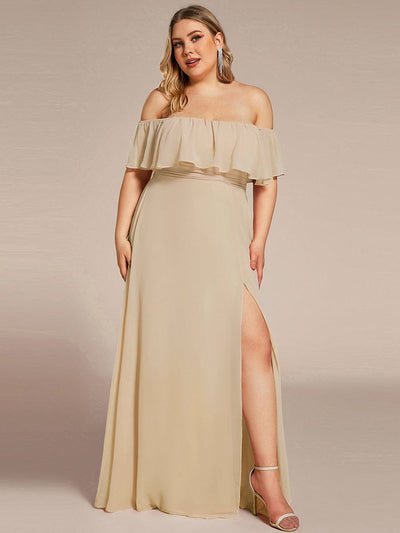 Women's Off-The-Shoulder Ruffle Thigh Split Plus Size Bridesmaid Dress #color_Champagne