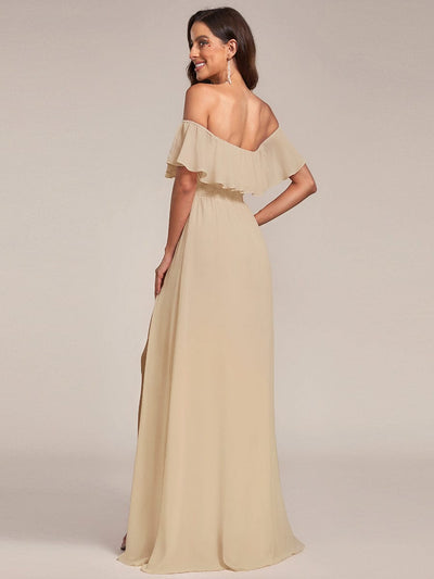 Plain Off Shoulder Chiffon Wedding Dress with Side Split #color_Champagne