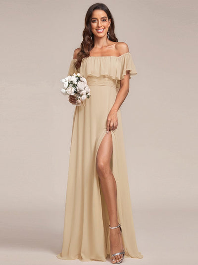 Plain Off Shoulder Chiffon Wedding Dress with Side Split #color_Champagne