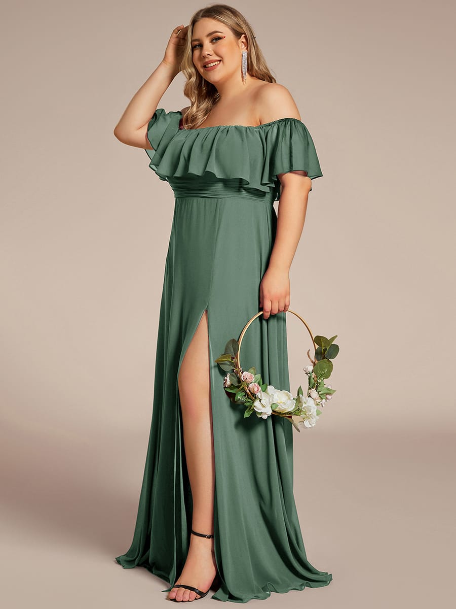 Women's Off-The-Shoulder Ruffle Thigh Split Bridesmaid Dresses #color_Eucalyptus Green