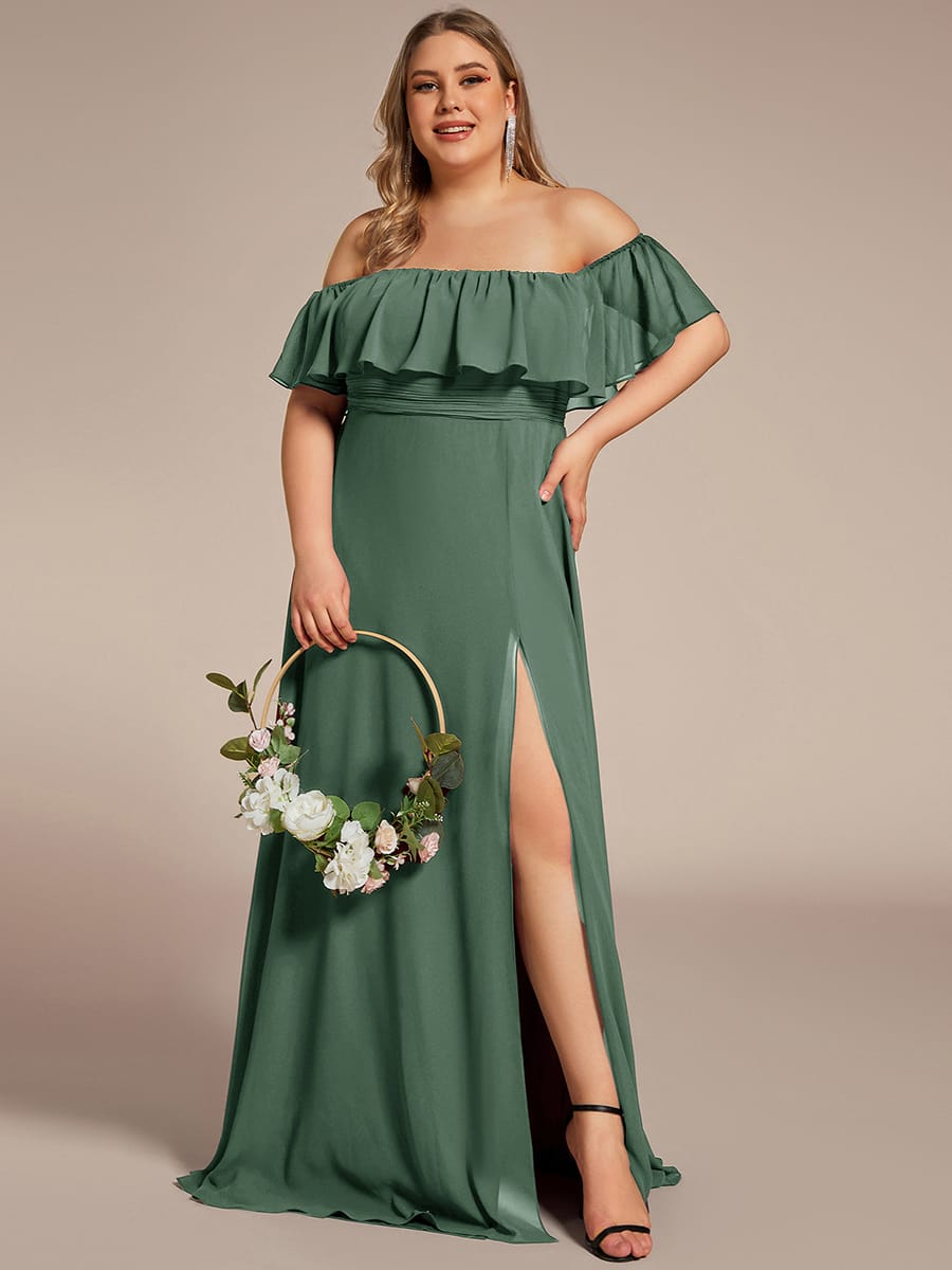 Women's Off-The-Shoulder Ruffle Thigh Split Bridesmaid Dresses #color_Eucalyptus Green