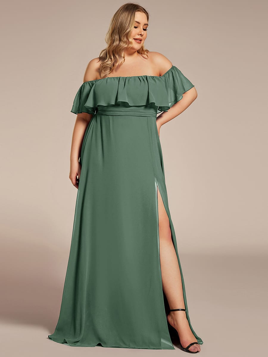 Women's Off-The-Shoulder Ruffle Thigh Split Bridesmaid Dresses #color_Eucalyptus Green