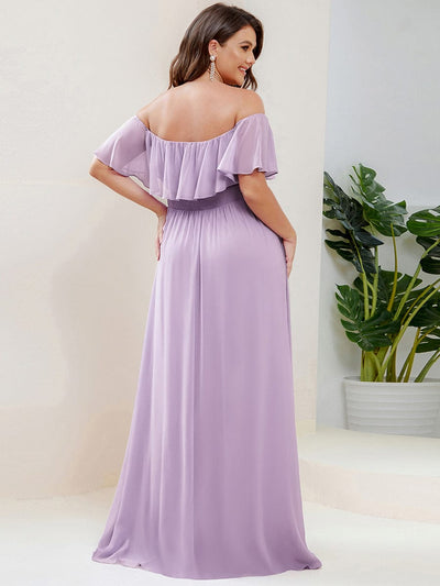 Women's Off-The-Shoulder Ruffle Thigh Split Plus Size Bridesmaid Dress #color_Frosted Lilac