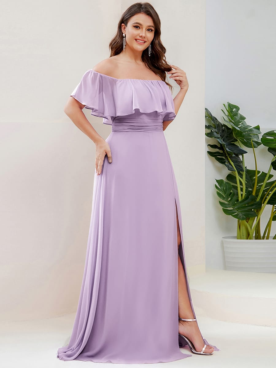 Women's Off-The-Shoulder Ruffle Thigh Split Bridesmaid Dresses #color_Frosted Lilac