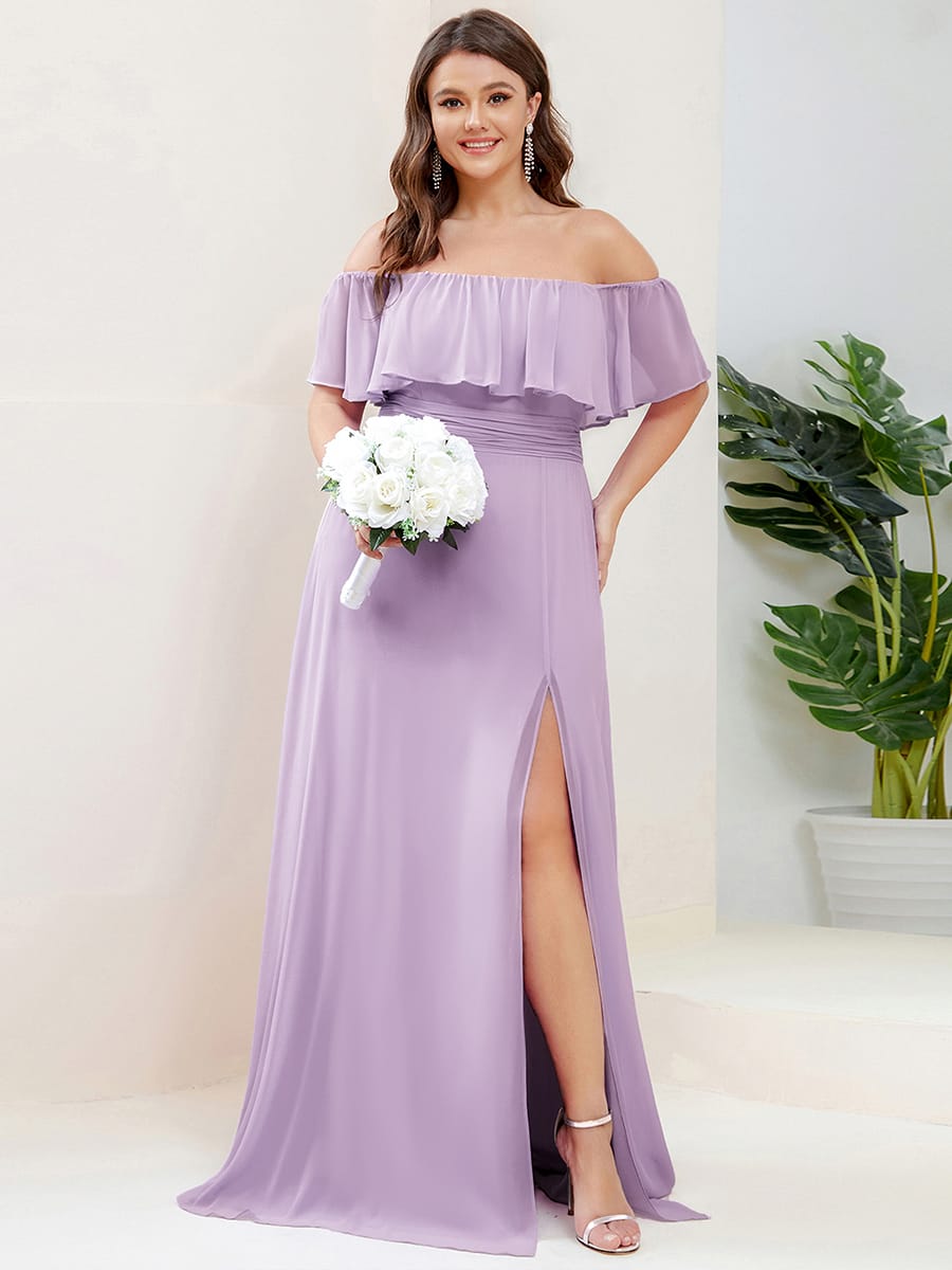 Women's Off-The-Shoulder Ruffle Thigh Split Bridesmaid Dresses #color_Frosted Lilac