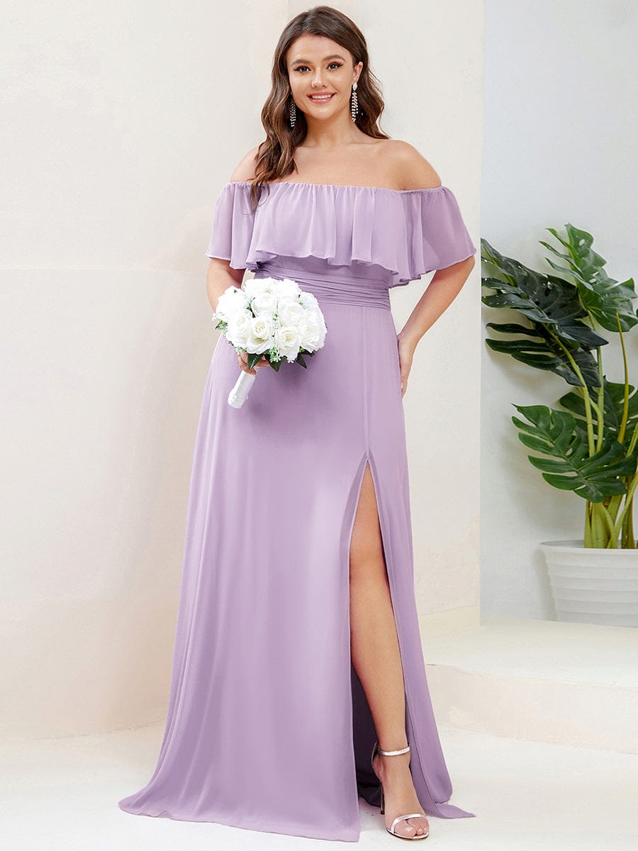 Women's Off-The-Shoulder Ruffle Thigh Split Plus Size Bridesmaid Dress #color_Frosted Lilac