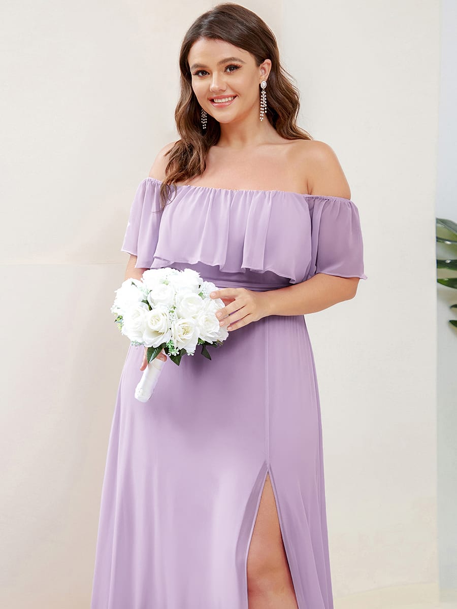 Women's Off-The-Shoulder Ruffle Thigh Split Bridesmaid Dresses #color_Frosted Lilac