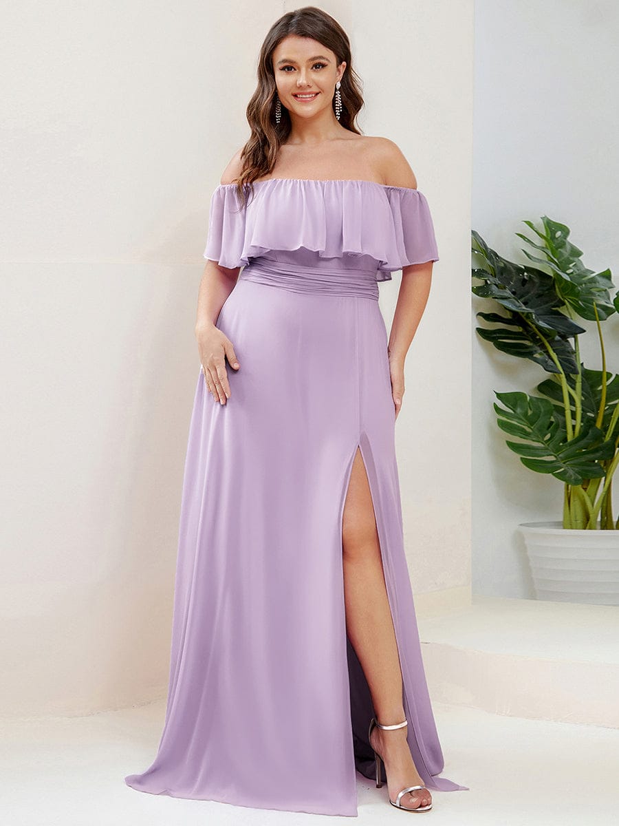 Women's Off-The-Shoulder Ruffle Thigh Split Plus Size Bridesmaid Dress #color_Frosted Lilac