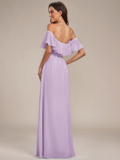 Women's Off-The-Shoulder Ruffle Thigh Split Plus Size Bridesmaid Dress #color_Frosted Lilac