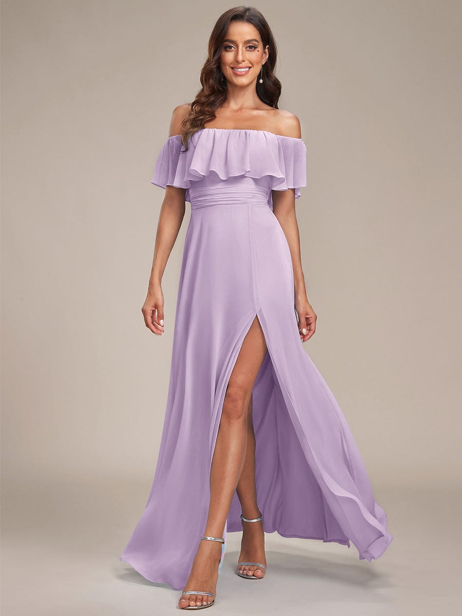 Women's Off-The-Shoulder Ruffle Thigh Split Plus Size Bridesmaid Dress #color_Frosted Lilac
