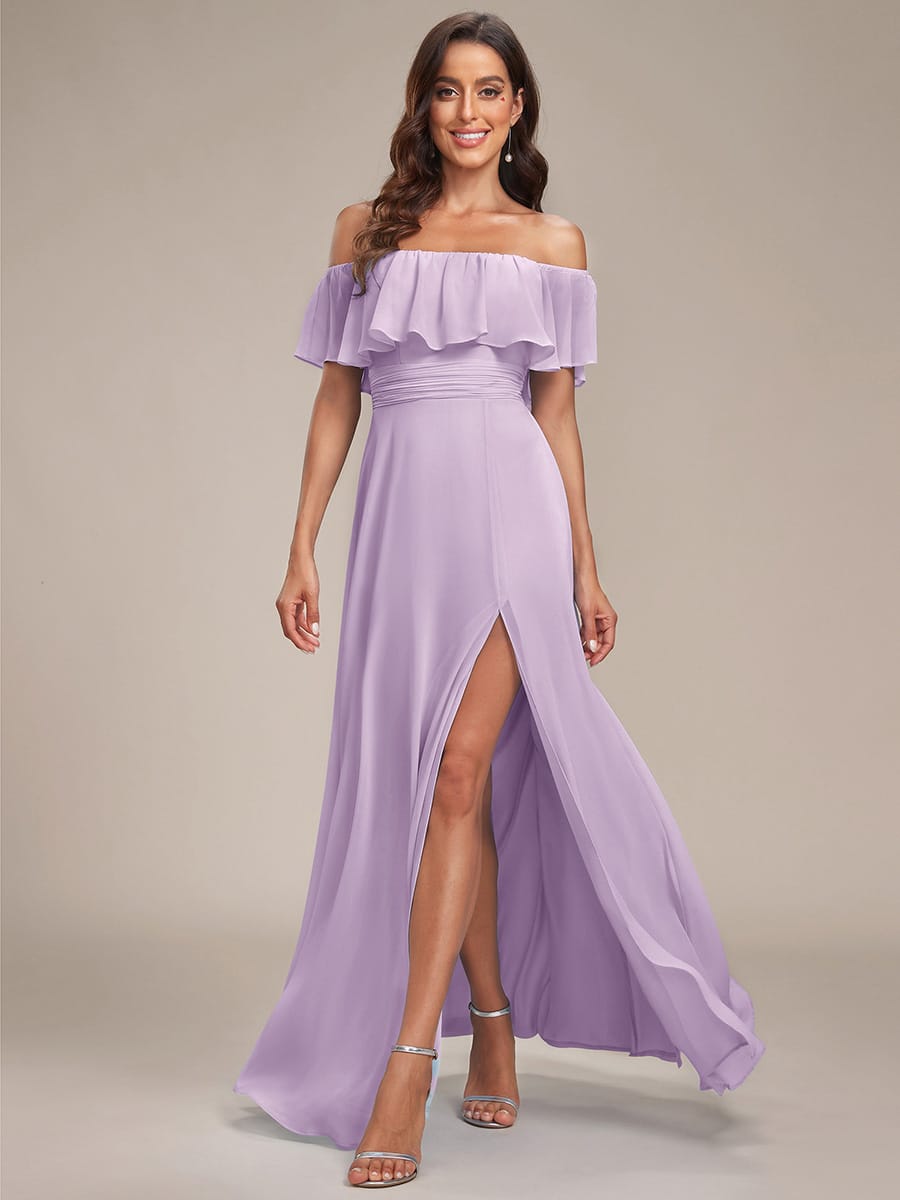 Women's Off-The-Shoulder Ruffle Thigh Split Bridesmaid Dresses #color_Frosted Lilac