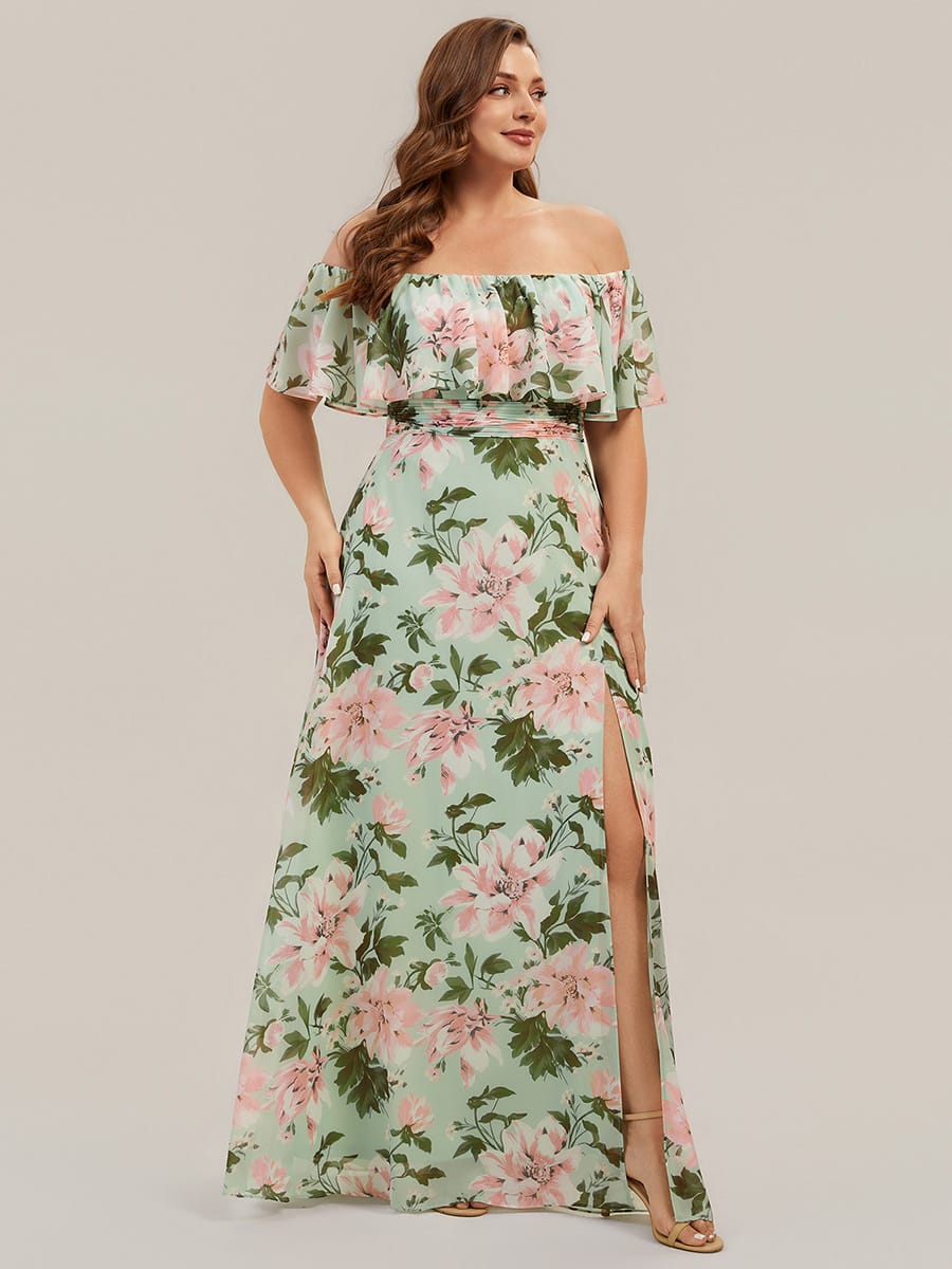 Women's Off-The-Shoulder Ruffle Thigh Split Bridesmaid Dresses #color_Light Green Floral