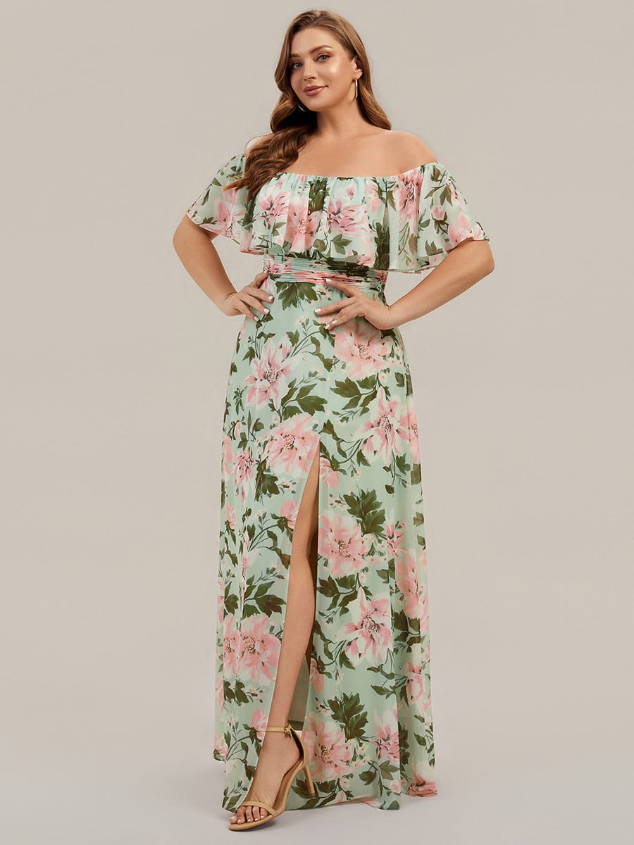 Women's Off-The-Shoulder Ruffle Thigh Split Bridesmaid Dresses #color_Light Green Floral