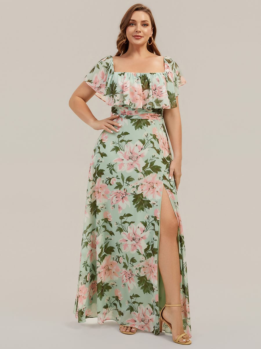 Women's Off-The-Shoulder Ruffle Thigh Split Bridesmaid Dresses #color_Light Green Floral