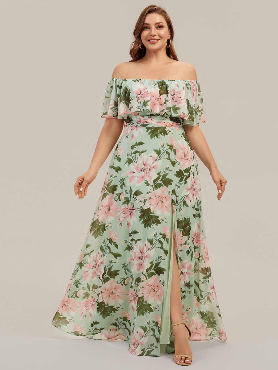 Women's Off-The-Shoulder Ruffle Thigh Split Bridesmaid Dresses #color_Light Green Floral