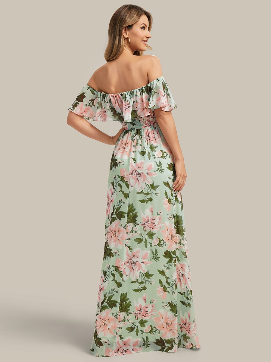 Women's Off-The-Shoulder Ruffle Thigh Split Bridesmaid Dresses #color_Light Green Floral
