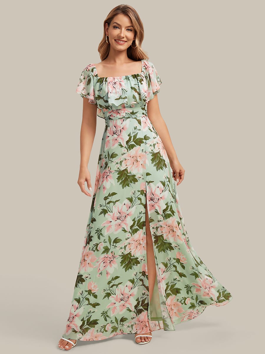 Women's Off-The-Shoulder Ruffle Thigh Split Bridesmaid Dresses #color_Light Green Floral