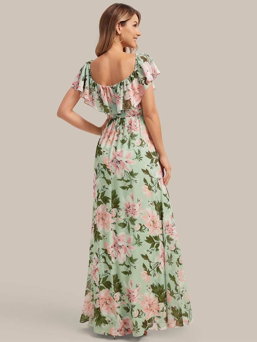 Women's Off-The-Shoulder Ruffle Thigh Split Bridesmaid Dresses #color_Light Green Floral