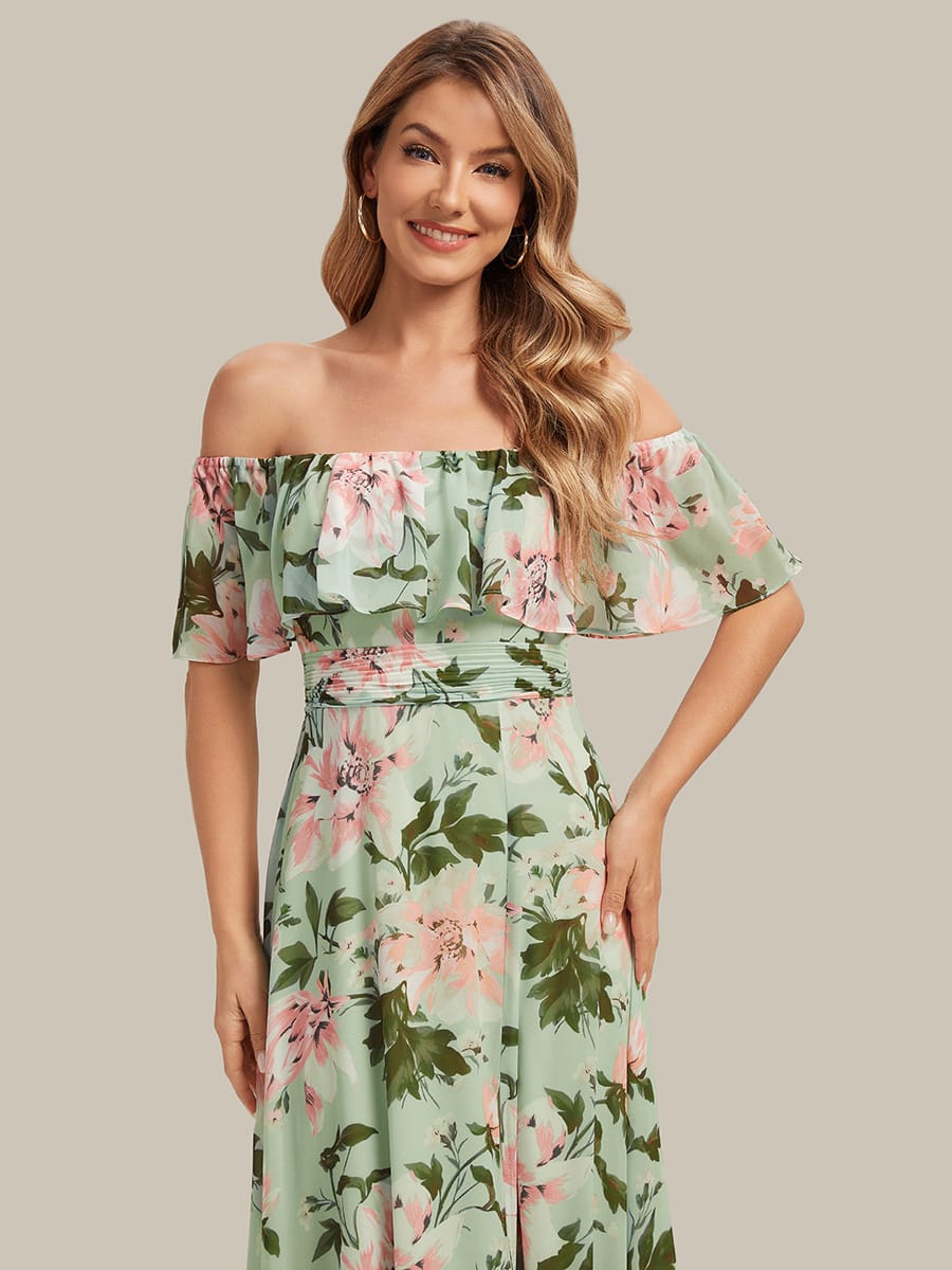 Women's Off-The-Shoulder Ruffle Thigh Split Bridesmaid Dresses #color_Light Green Floral