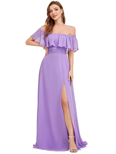 ever ÉMILE|Women's Off-The-Shoulder Ruffle Thigh Split Bridesmaid Dresses