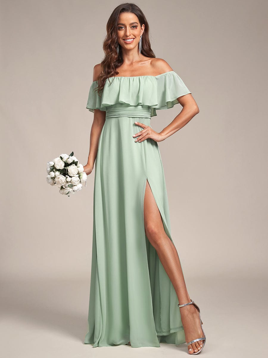Off The Shoulder Bridesmaid Dresses Side Split Maxi #color_Mint Green