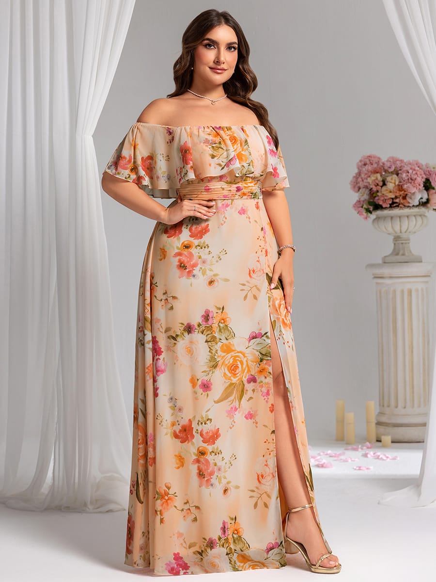 Women's Off-The-Shoulder Ruffle Thigh Split Bridesmaid Dresses #color_Peach Fuzz