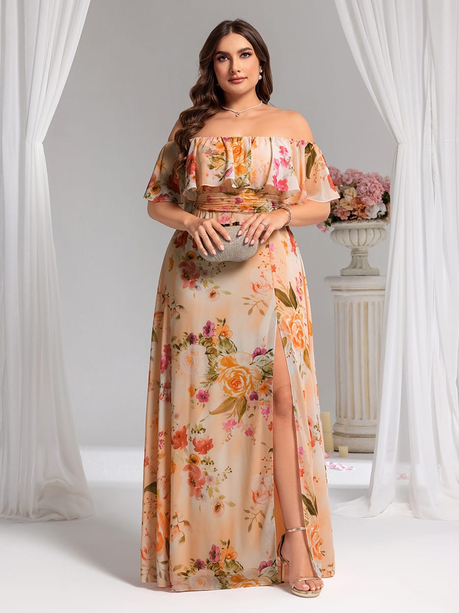 Women's Off-The-Shoulder Ruffle Thigh Split Bridesmaid Dresses #color_Peach Fuzz