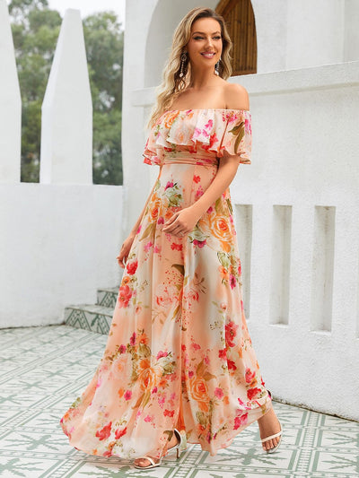 Plain Off Shoulder Chiffon Wedding Dress with Side Split #color_Peach Fuzz