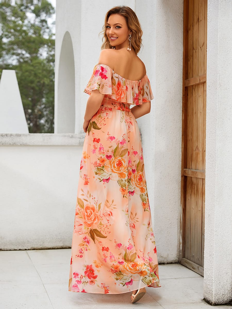 Women's Off-The-Shoulder Ruffle Thigh Split Bridesmaid Dresses #color_Peach Fuzz