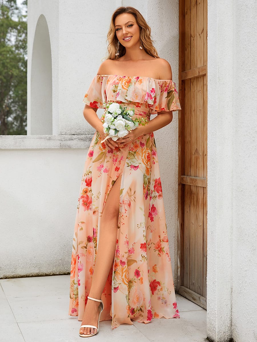 Women's Off-The-Shoulder Ruffle Thigh Split Bridesmaid Dresses #color_Peach Fuzz