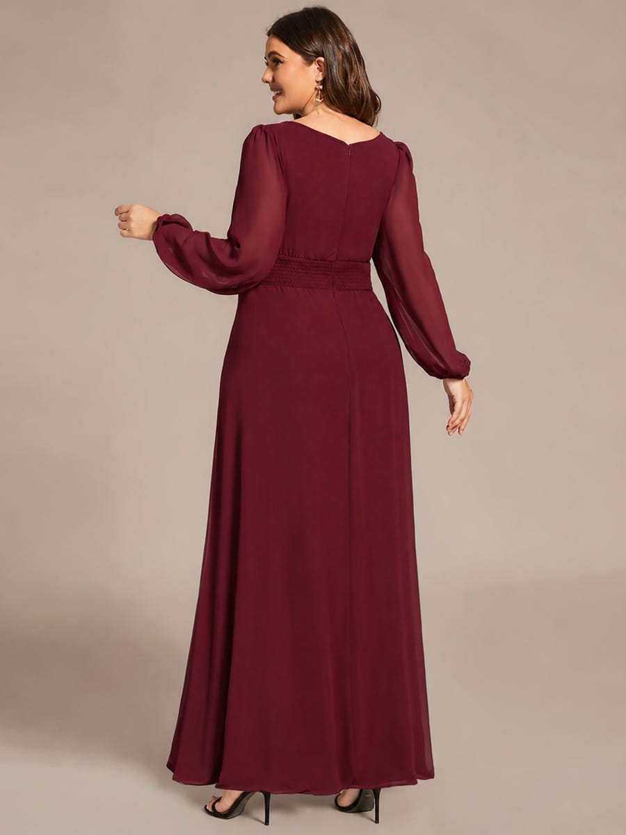 Plus Size Sheer Long Sleeve Pleated Floor Length Bridesmaid Dress #color_Burgundy