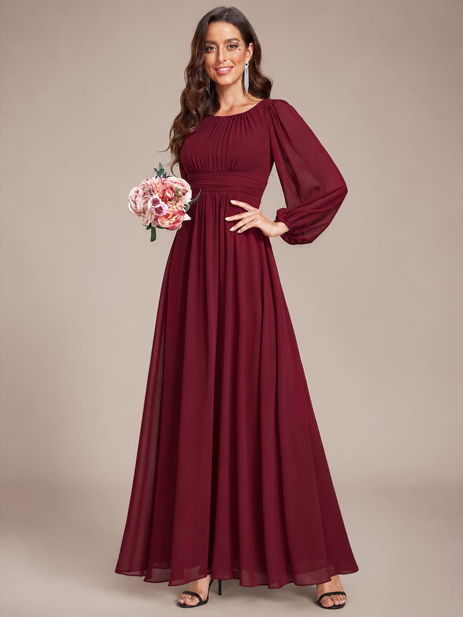 Chiffon Long Sleeve Pleated Floor Length Bridesmaid Dress #color_Burgundy