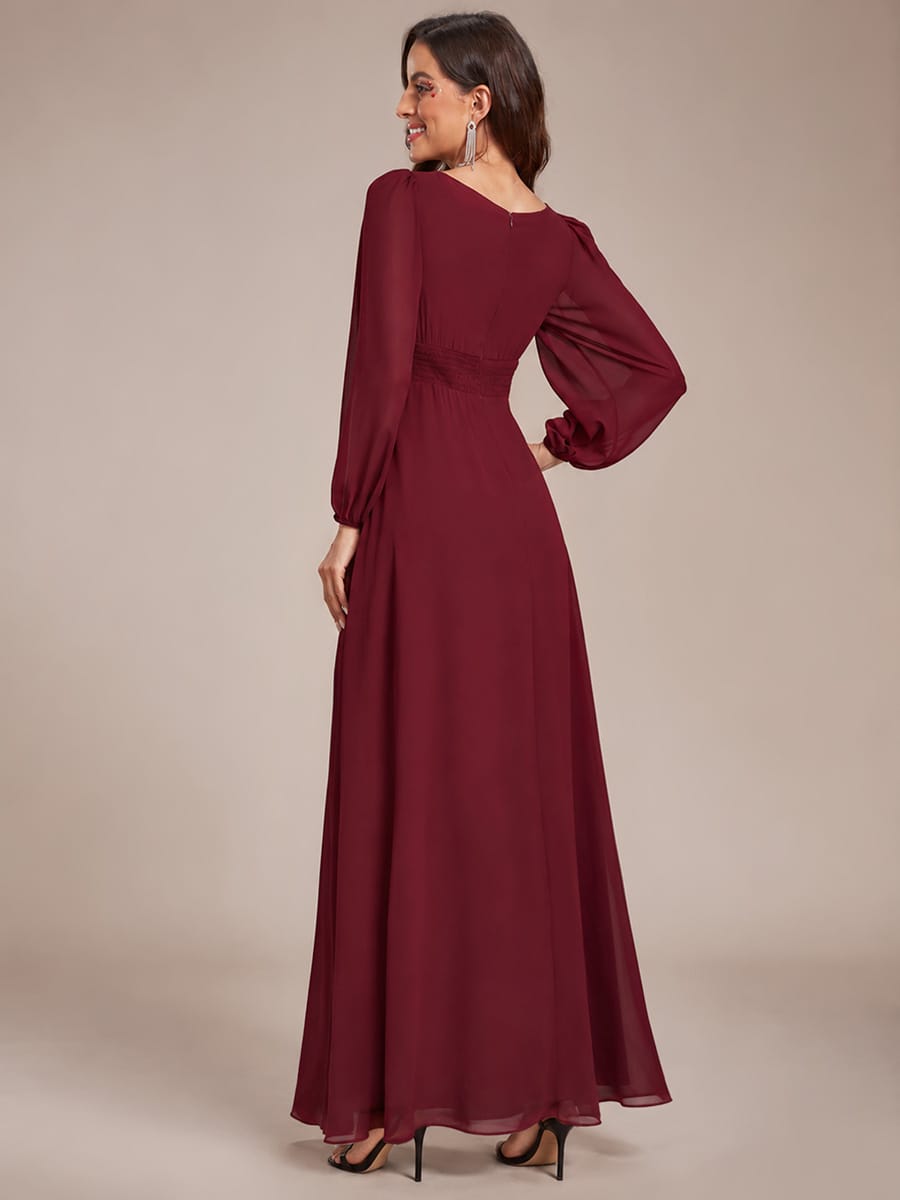 Chiffon Long Sleeve Pleated Floor Length Bridesmaid Dress #color_Burgundy