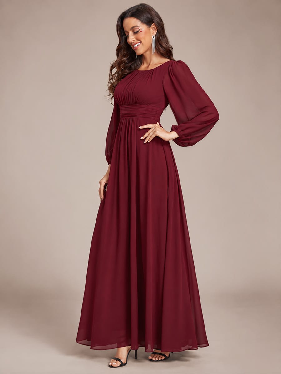 Chiffon Long Sleeve Pleated Floor Length Bridesmaid Dress #color_Burgundy