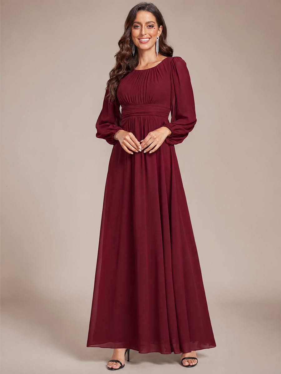 Chiffon Long Sleeve Pleated Floor Length Bridesmaid Dress #color_Burgundy