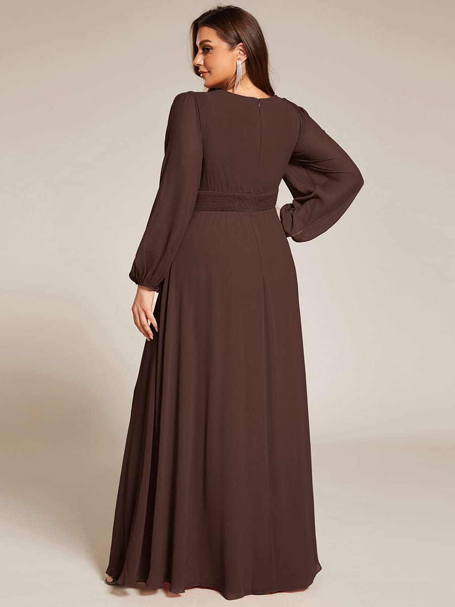 Plus Size Sheer Long Sleeve Pleated Floor Length Bridesmaid Dress #color_Chocolate brown