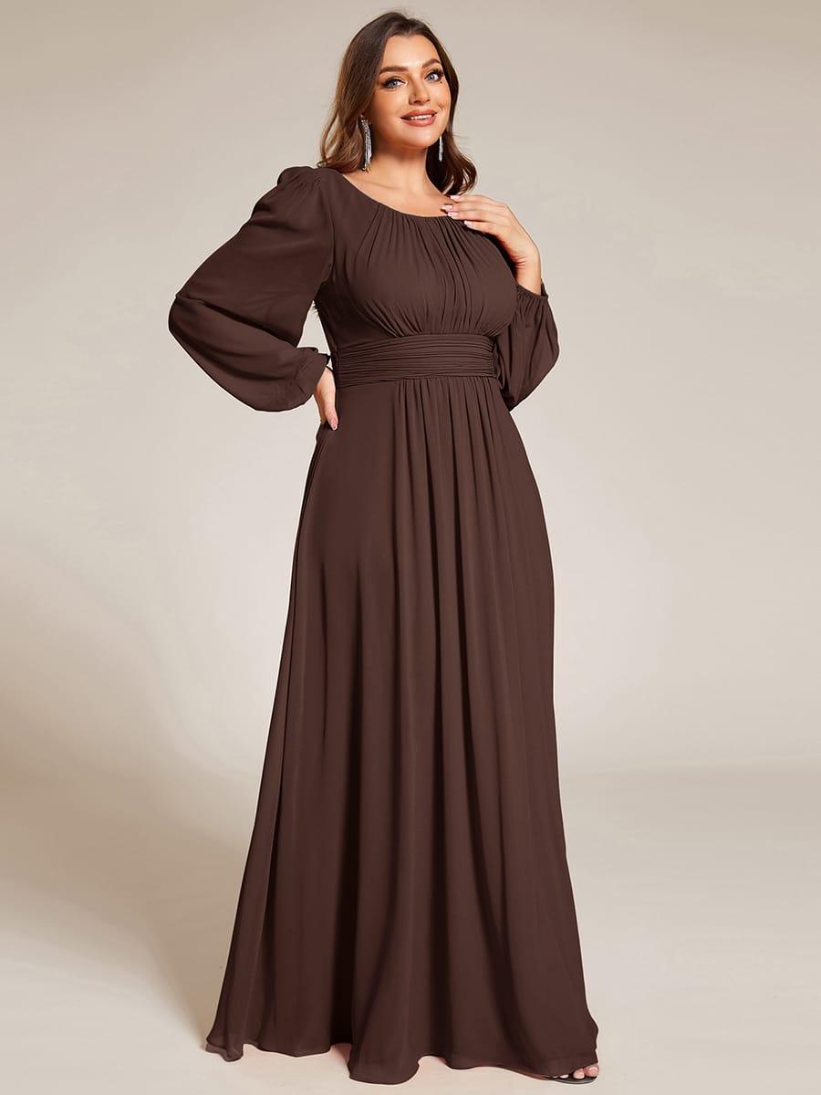 Plus Size Sheer Long Sleeve Pleated Floor Length Bridesmaid Dress #color_Chocolate brown