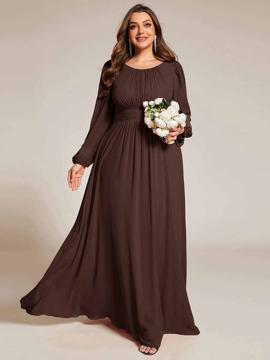 Plus Size Sheer Long Sleeve Pleated Floor Length Bridesmaid Dress #color_Chocolate brown