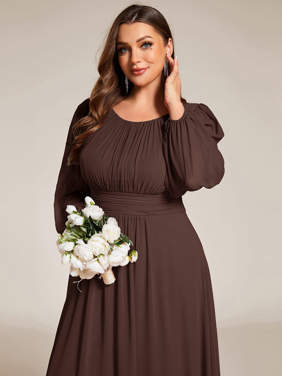 Plus Size Sheer Long Sleeve Pleated Floor Length Bridesmaid Dress #color_Chocolate brown