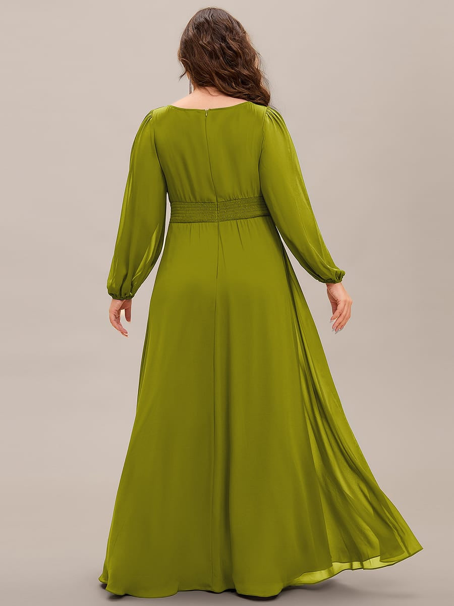 Plus Size Sheer Long Sleeve Pleated Floor Length Bridesmaid Dress #color_Citron