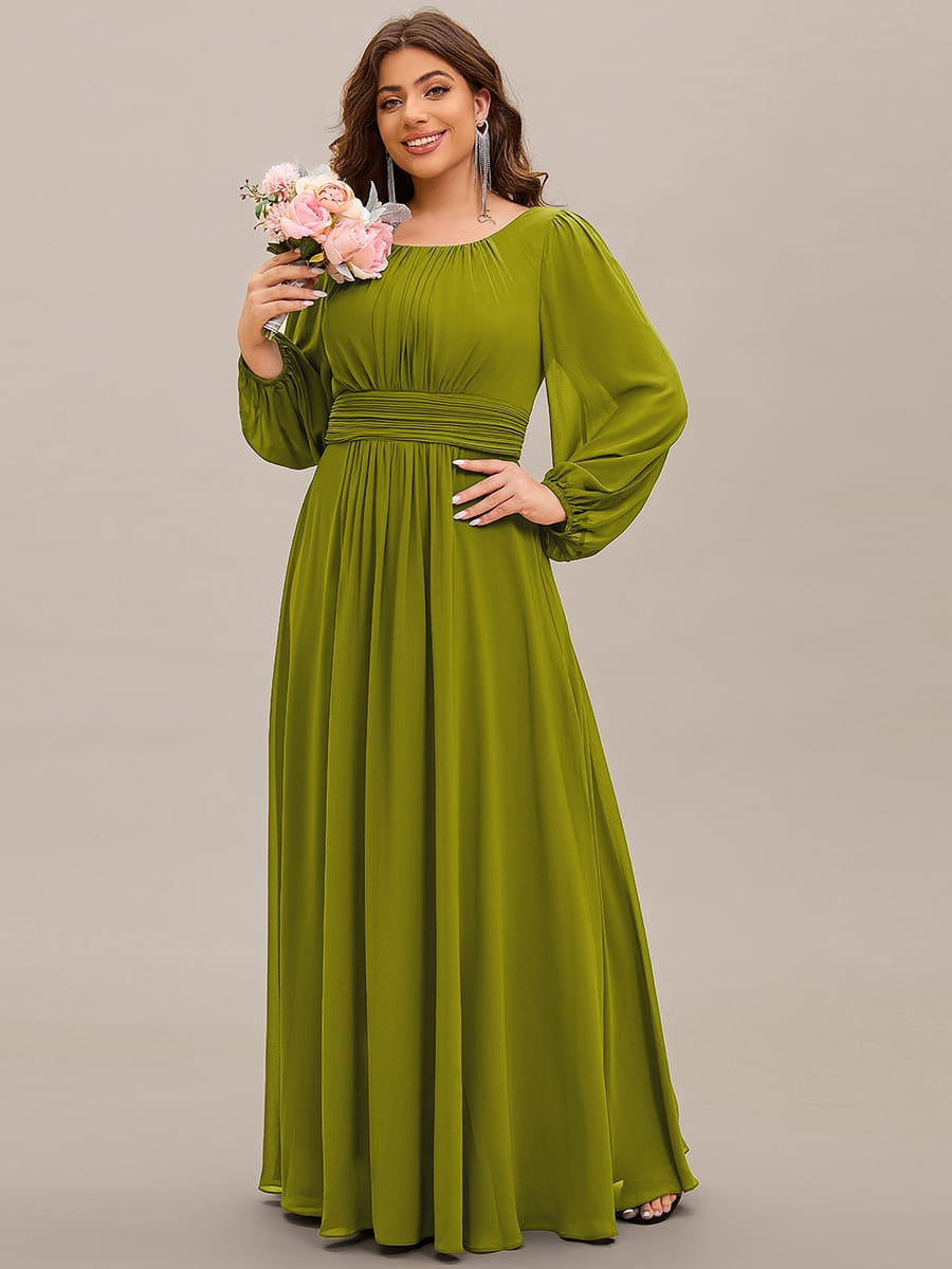 Plus Size Sheer Long Sleeve Pleated Floor Length Bridesmaid Dress #color_Citron