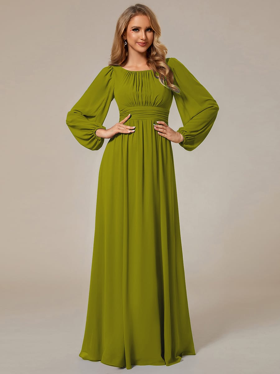 Chiffon Long Sleeve Pleated Floor Length Bridesmaid Dress #color_Citron