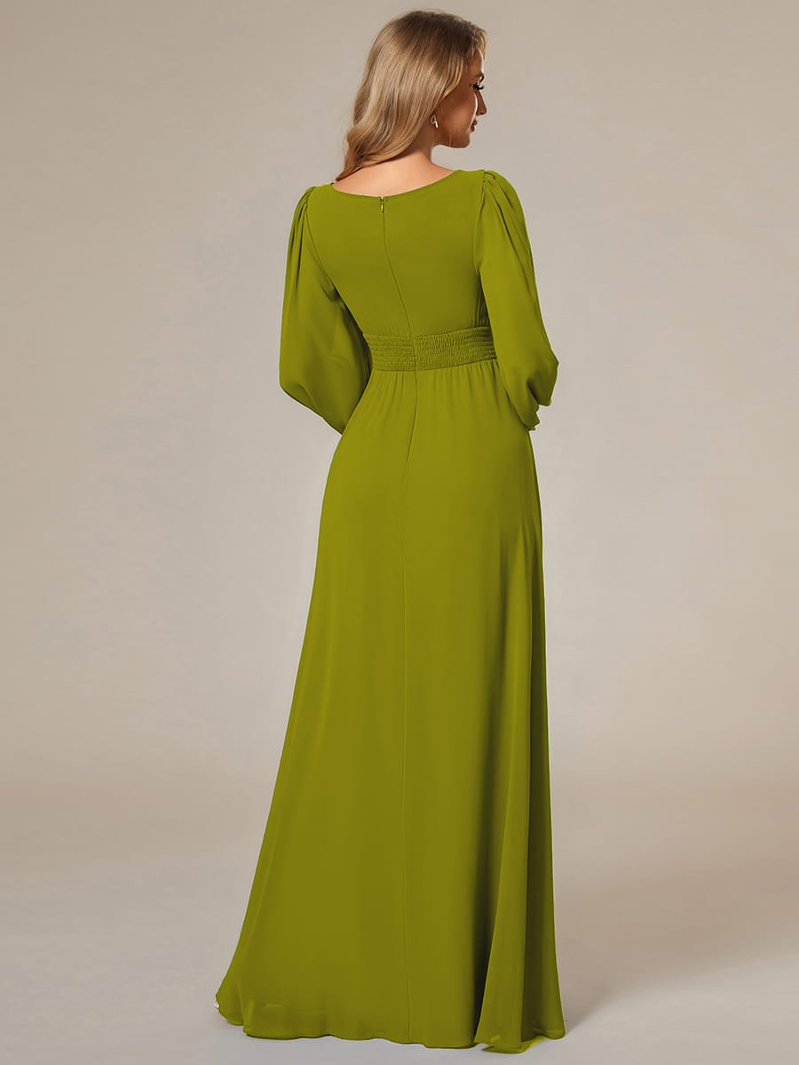 Chiffon Long Sleeve Pleated Floor Length Bridesmaid Dress #color_Citron